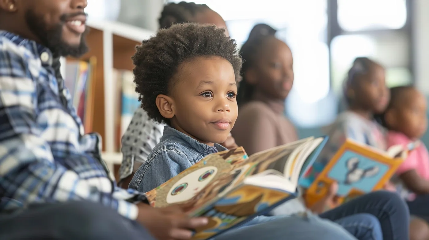 A group of children and an adult sit together in a library.